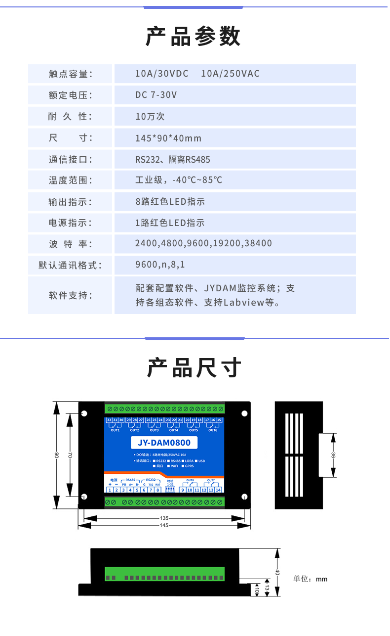 DAM-0800 工业级I/O模块产品参数