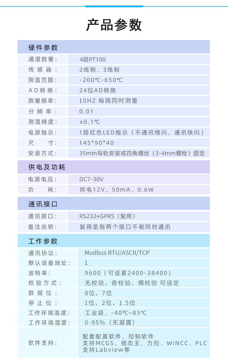 云平台 DAM0404PT GPRS版  温度采集模块产品参数