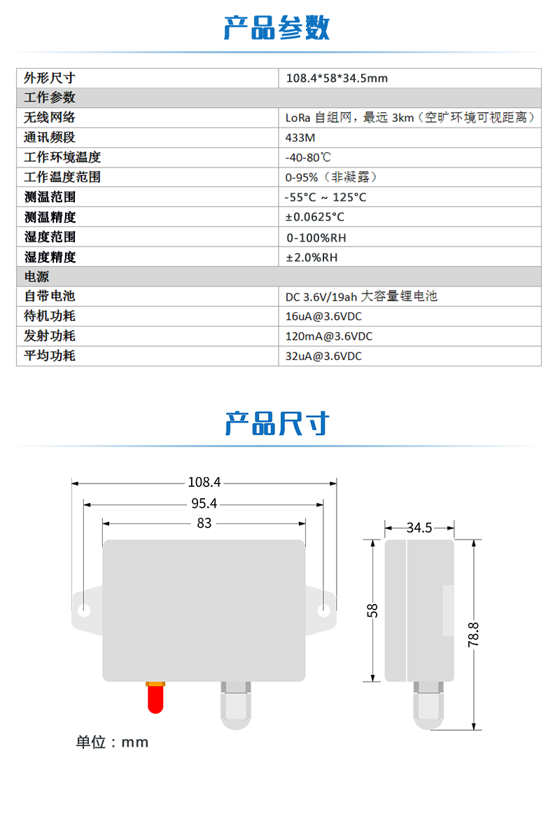 lora系列温度/湿度采集模块产品参数