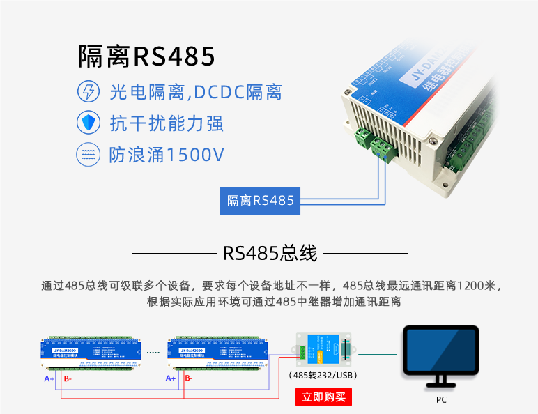 光电隔离，抗干扰能力强，DCDC隔离